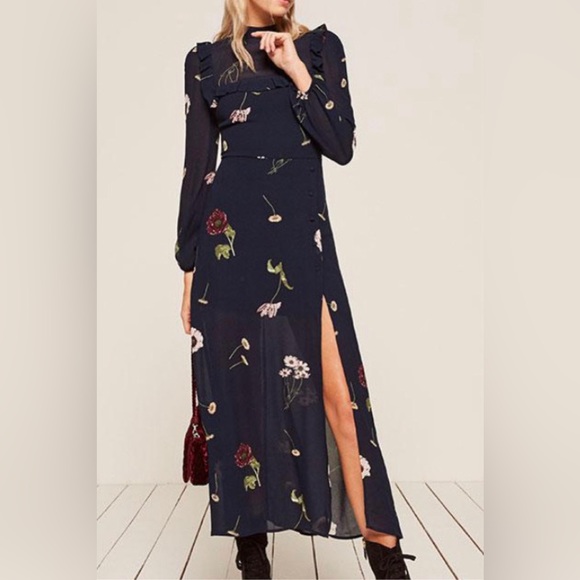 REFORMATION Gillian Maxi Dress Botany Floral Print Navy Blue Women’s Size 2 - Picture 1 of 9